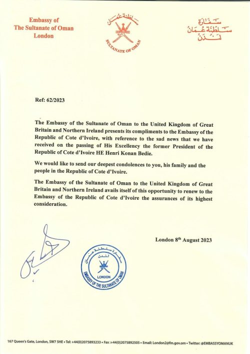 condolences to embassy of Cote d'Ivoire